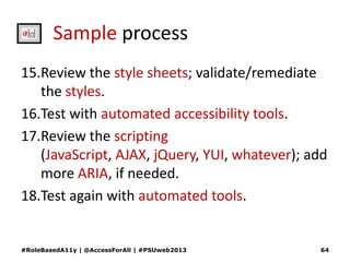Sample process
15.Review the style sheets; validate/remediate
the styles.
16.Test with automated accessibility tools.
17.R...