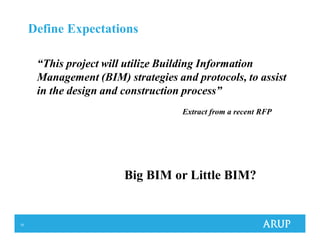 15
Define Expectations
“This project will utilize Building Information
Management (BIM) strategies and protocols, to assist
in the design and construction process”
Extract from a recent RFP
Big BIM or Little BIM?
 