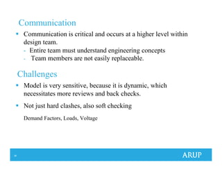 38
Communication
Communication is critical and occurs at a higher level within
design team.
- Entire team must understand engineering concepts
- Team members are not easily replaceable.
Model is very sensitive, because it is dynamic, which
necessitates more reviews and back checks.
Not just hard clashes, also soft checking
Demand Factors, Loads, Voltage
Challenges
 