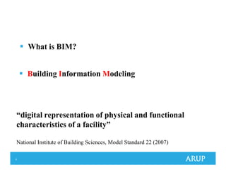 6
What is BIM?
Building Information Modeling
“digital representation of physical and functional
characteristics of a facility”
National Institute of Building Sciences, Model Standard 22 (2007)
 