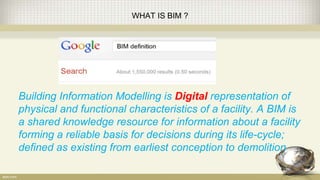WHAT IS BIM ?
Building Information Modelling is Digital representation of
physical and functional characteristics of a facility. A BIM is
a shared knowledge resource for information about a facility
forming a reliable basis for decisions during its life-cycle;
defined as existing from earliest conception to demolition.
 