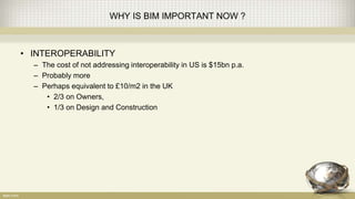 WHY IS BIM IMPORTANT NOW ?
• INTEROPERABILITY
– The cost of not addressing interoperability in US is $15bn p.a.
– Probably more
– Perhaps equivalent to £10/m2 in the UK
• 2/3 on Owners,
• 1/3 on Design and Construction
 