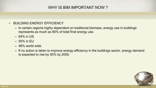 WHY IS BIM IMPORTANT NOW ?
• BUILDING ENERGY EFFICIENCY
– In certain regions highly dependent on traditional biomass, energy use in buildings
represents as much as 80% of total final energy use.
– 64% in US
– 55% in EU
– 48% world wide
– If no action is taken to improve energy efficiency in the buildings sector, energy demand
is expected to rise by 50% by 2050.
 