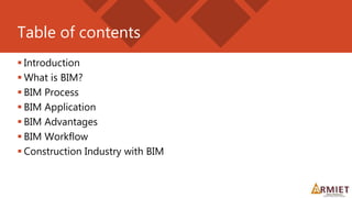 Table of contents
 Introduction
 What is BIM?
 BIM Process
 BIM Application
 BIM Advantages
 BIM Workflow
 Construction Industry with BIM
 