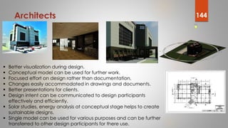 Architects
 Better visualization during design.
 Conceptual model can be used for further work.
 Focused effort on desi...