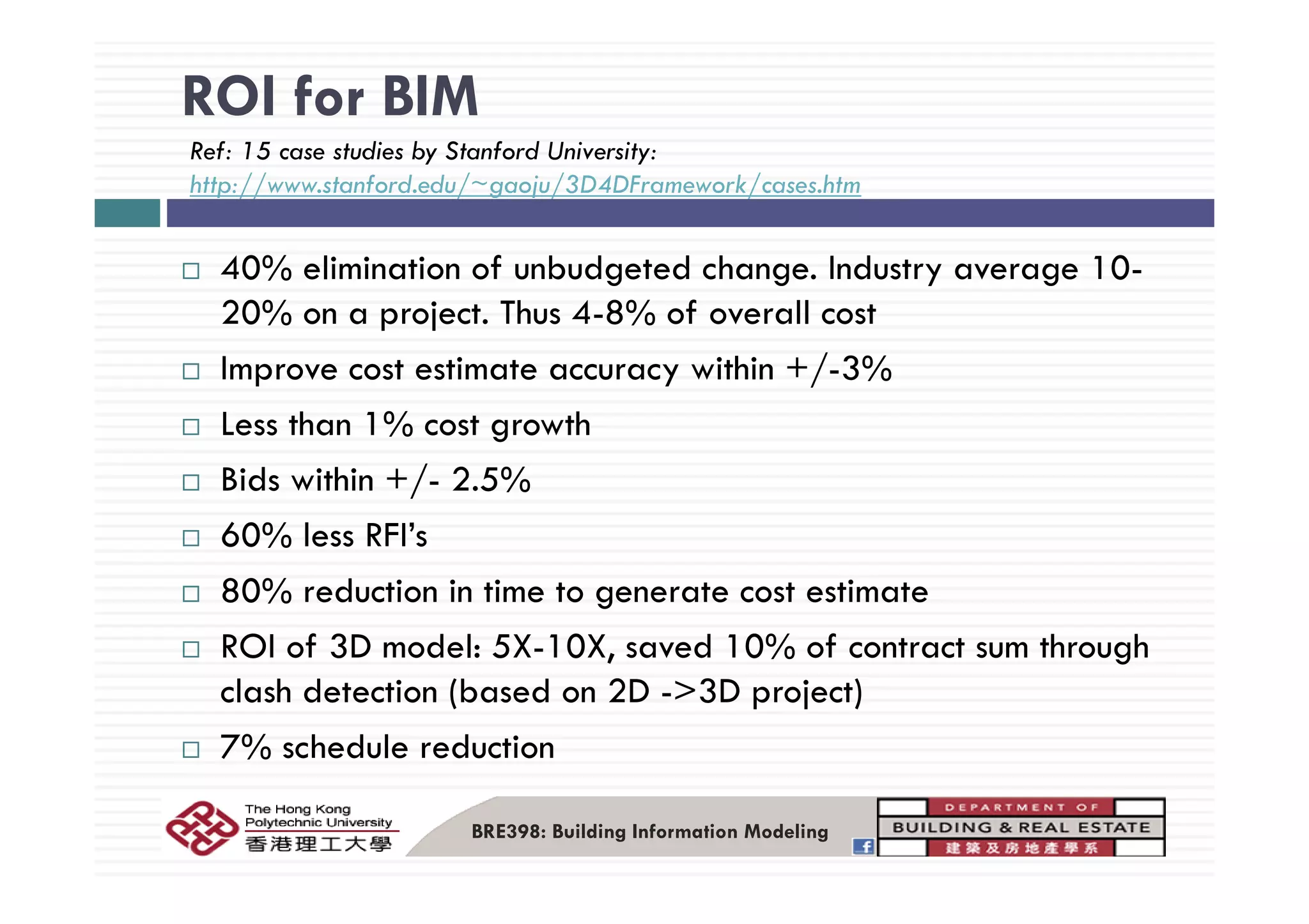 ROI for BIM
R f 15 t di b St f d U i itRef: 15 case studies by Stanford University:
http://www.stanford.edu/~gaoju/3D4DFramework/cases.htm
40% elimination of unbudgeted change. Industry average 10-
20% on a project. Thus 4-8% of overall cost
I i i hi / 3%Improve cost estimate accuracy within +/-3%
Less than 1% cost growth
Bids within +/- 2.5%
60% less RFI’s
80% reduction in time to generate cost estimate
ROI of 3D model: 5X-10X, saved 10% of contract sum through
clash detection (based on 2D ->3D project)
7% schedule reduction
BRE398: Building Information Modeling
 