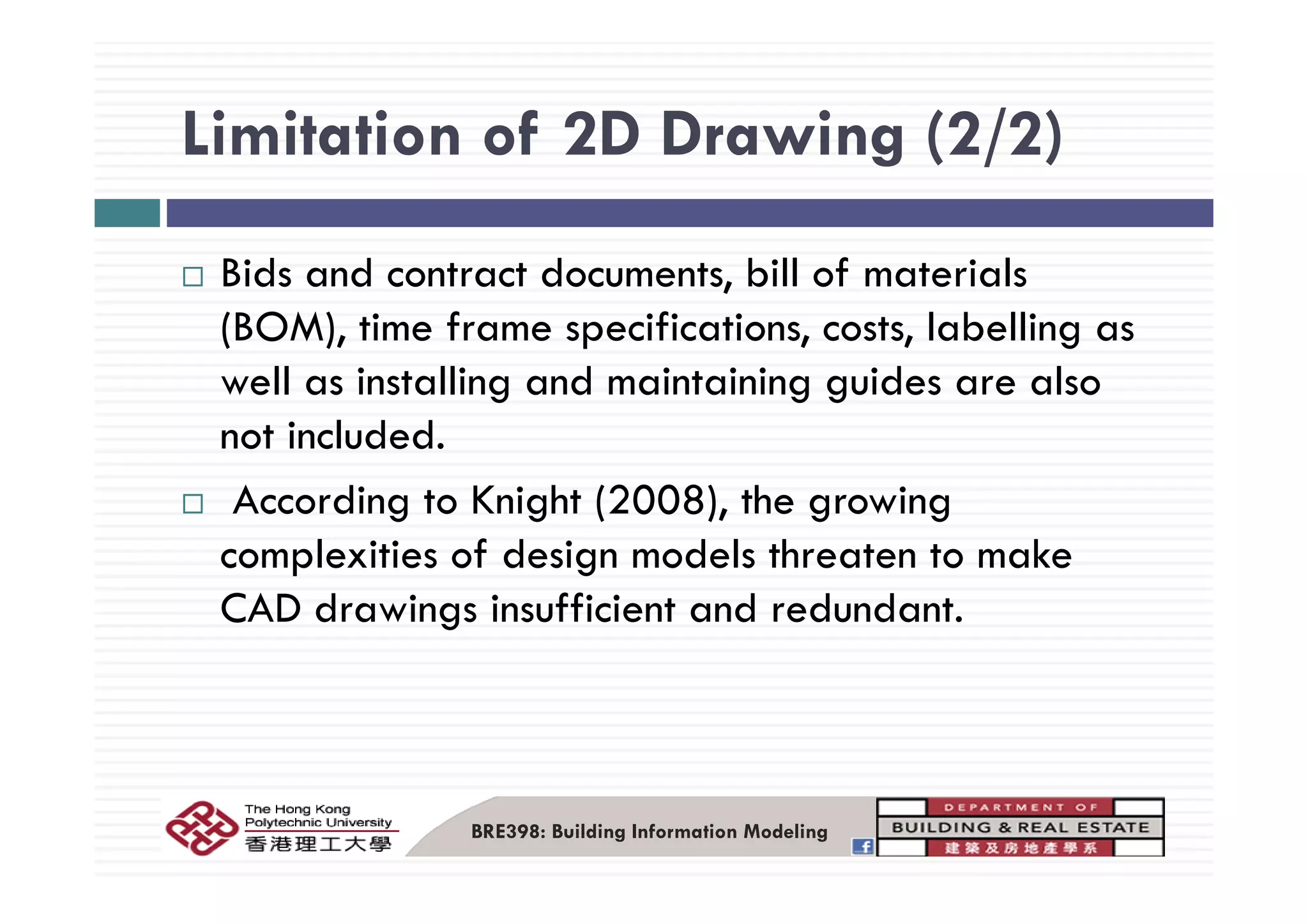 Limitation of 2D Drawing (2/2)Limitation of 2D Drawing (2/2)
Bids and contract documents, bill of materials
(BOM), time frame specifications, costs, labelling as
well as installing and maintaining guides are also
not included.
According to Knight (2008), the growing
complexities of design models threaten to makecomplexities of design models threaten to make
CAD drawings insufficient and redundant.
BRE398: Building Information Modeling
 