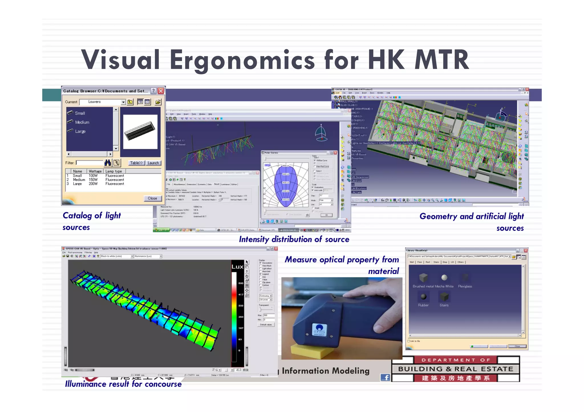 Visual Ergonomics for HK MTRVisual Ergonomics for HK MTR
Geometry and artificial light
sources
Catalog of light
sources
Intensity distribution of source
Measure optical property from
material
BRE398: Building Information Modeling
Illuminance result for concourse
 