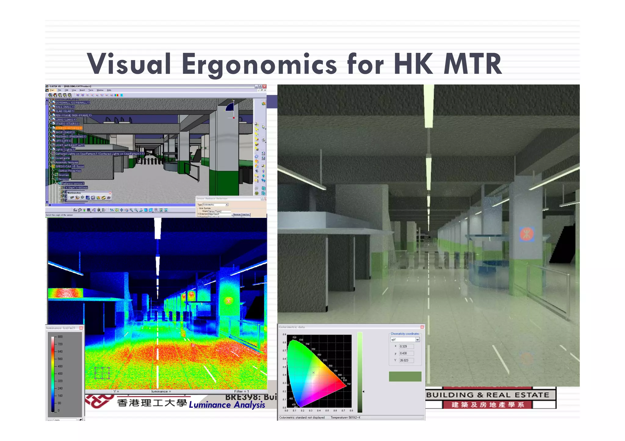Visual Ergonomics for HK MTRVisual Ergonomics for HK MTR
BRE398: Building Information Modeling
Luminance Analysis
 