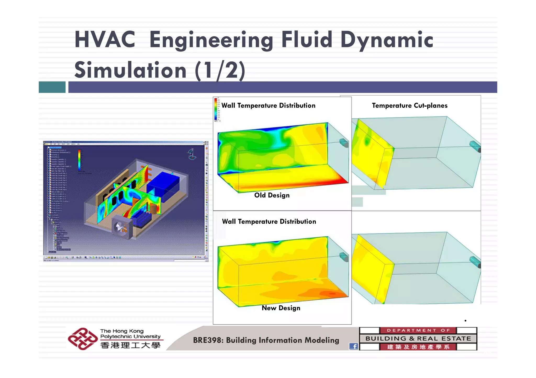 HVAC Engineering Fluid Dynamic
/Simulation (1/2)
W ll T Di ib i T C lWall Temperature Distribution Temperature Cut-planes
Old Design
Wall Temperature Distribution
New Design
BRE398: Building Information Modeling
93
.
 