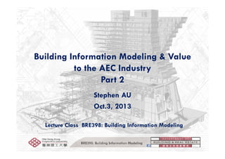 Building Information Modeling & Value
to the AEC Industry
Part 2Part 2
Stephen AUp
Oct.3, 2013
Lecture Class BRE398: Building Information Modeling
BRE398: Building Information Modeling
 