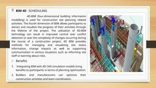  BIM 4D - SCHEDULING
4D-BIM (four-dimensional building information
modelling) is used for construction site planning related
activities. The fourth dimension of BIM allows participants to
extract and visualize the progress of their activities through
the lifetime of the project. The utilization of 4D-BIM
technology can result in improved control over conflict
detection or over the complexity of changes occurring during
the course of a construction project. 4D BIM provides
methods for managing and visualizing site status
information, change impacts as well as supporting
communication in various situations such as informing site
staff or warning about risks.
o Benefits
1. Integrating BIM with 4D CAD simulation models bring
benefits to participants in terms of planning optimization.
2. Builders and manufacturers can optimize their
construction activities and team coordination.
 