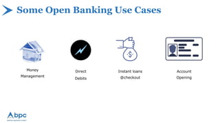 Some Open Banking Use Cases
Money
Management
Direct
Debits
Instant loans
@checkout
Account
Opening
 