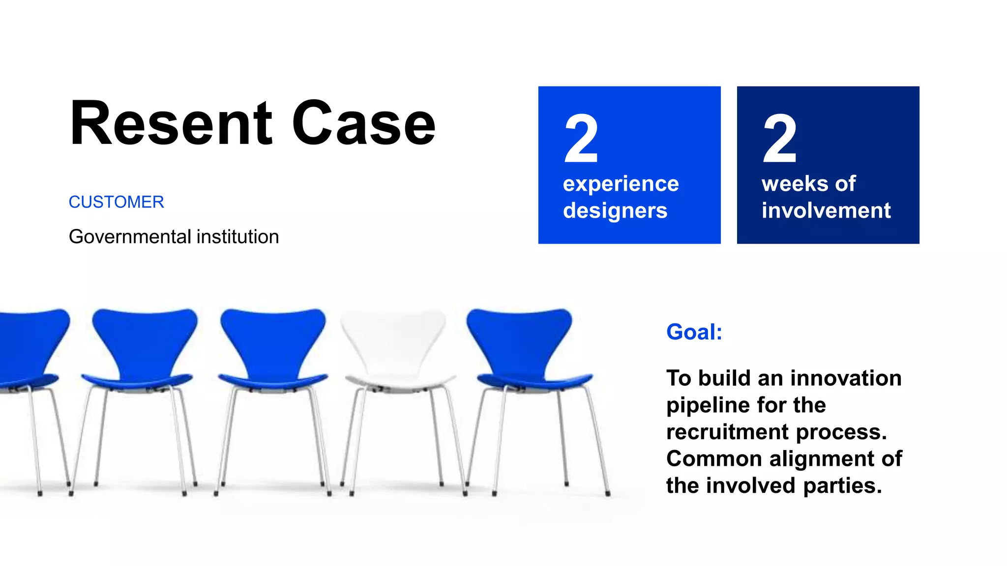 2
CUSTOMER
experience
designers
Governmental institution
To build an innovation
pipeline for the
recruitment process.
Common alignment of
the involved parties.
Goal:
Resent Case 2
weeks of
involvement
 