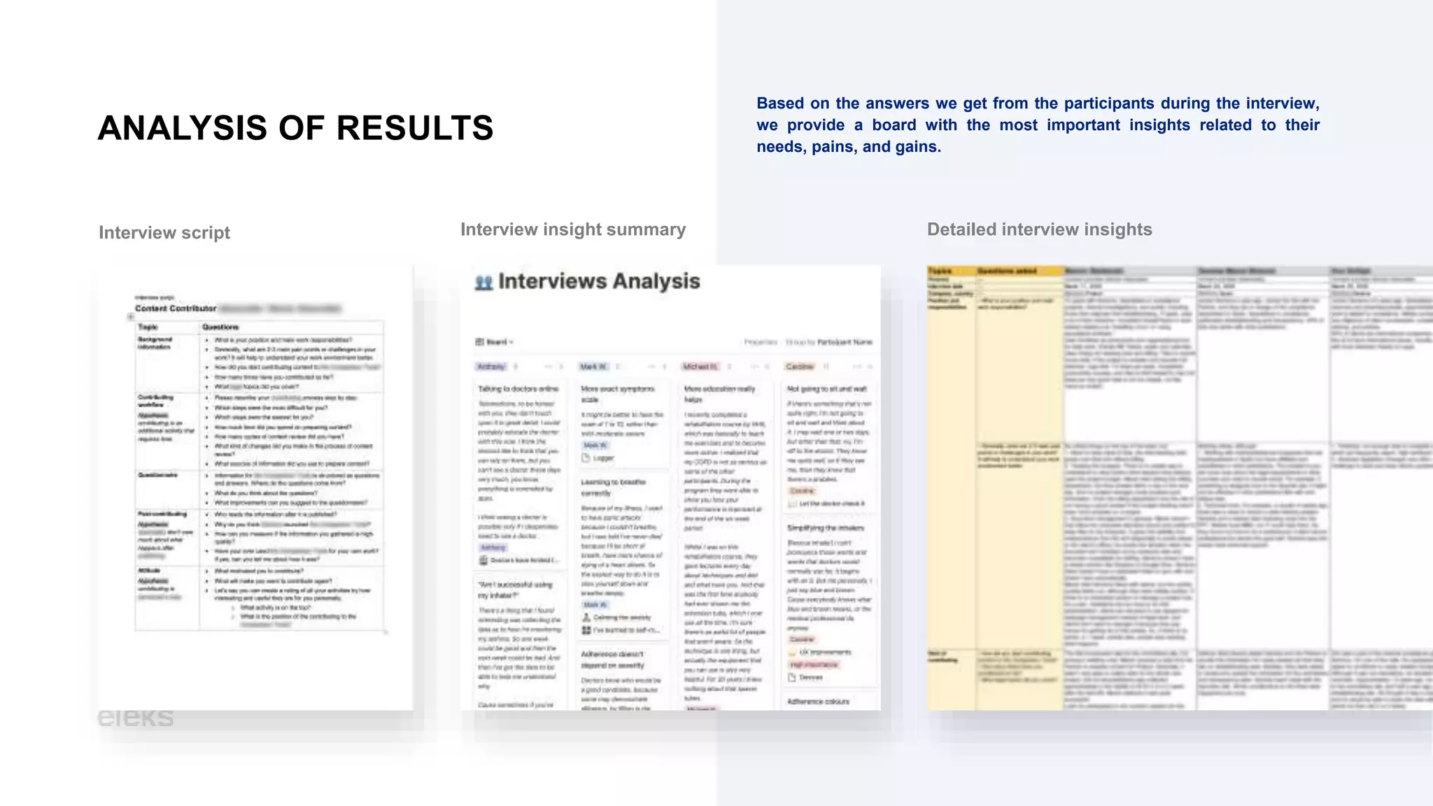 ANALYSIS OF RESULTS
Based on the answers we get from the participants during the interview,
we provide a board with the most important insights related to their
needs, pains, and gains.
Interview script Interview insight summary Detailed interview insights
 