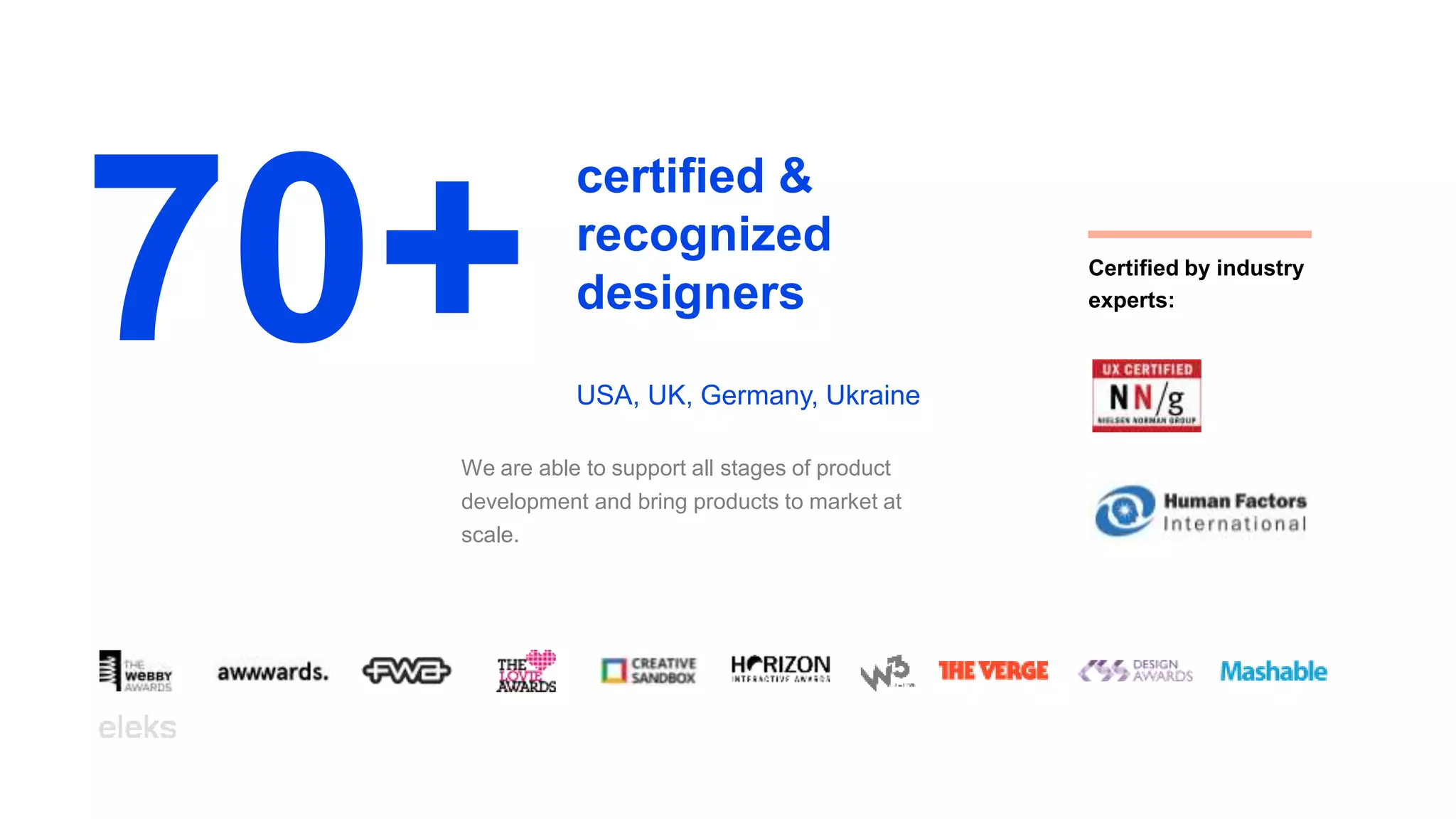 We are able to support all stages of product
development and bring products to market at
scale.
certified &
recognized
designers
USA, UK, Germany, Ukraine
Certified by industry
experts:
70+
 