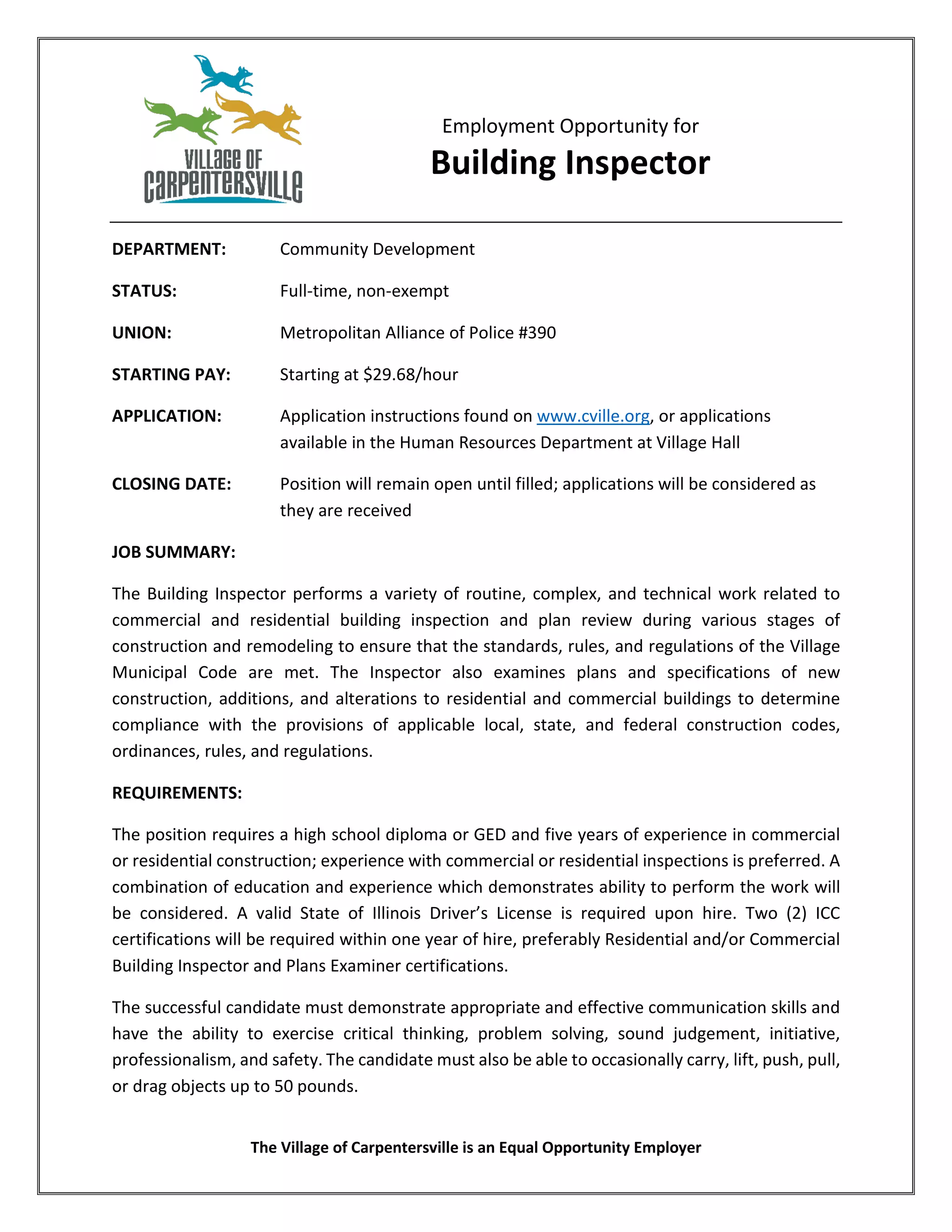 Village of Carpentersville Building Inspector PDF
