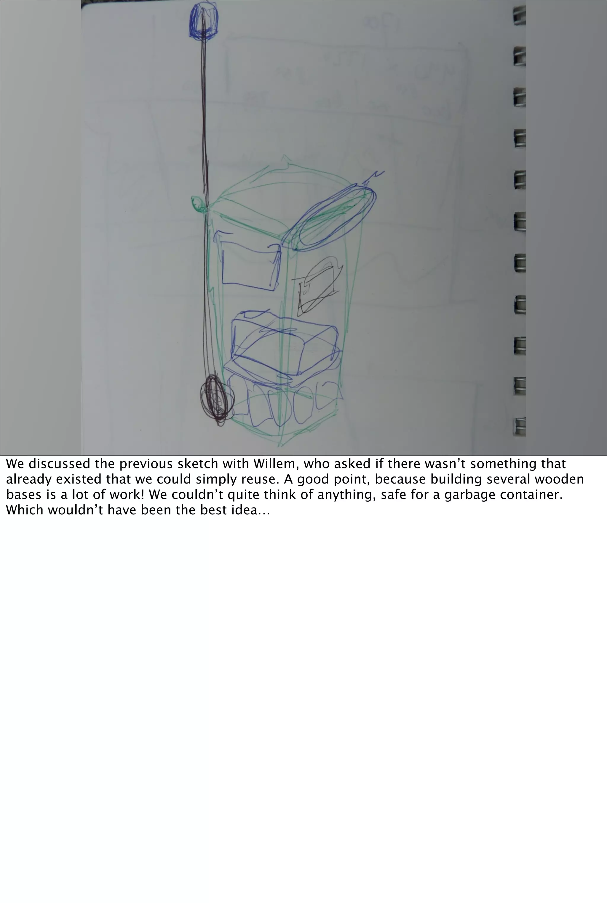 We discussed the previous sketch with Willem, who asked if there wasn’t something that
already existed that we could simply reuse. A good point, because building several wooden
bases is a lot of work! We couldn’t quite think of anything, safe for a garbage container.
Which wouldn’t have been the best idea…
 