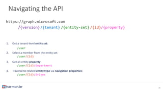 1. Get a tenant-level entity set:
/user
2. Select a member from the entity set:
/user/{id}
3. Get an entity property:
/user/{id}/department
4. Traverse to related entity type via navigation properties:
/user/{id}/drives
Navigating the API
/{version}/{tenant} /{entity-set} /{id}/{property}
26
 