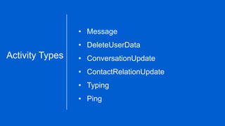 • Message
• DeleteUserData
• ConversationUpdate
• ContactRelationUpdate
• Typing
• Ping
Activity Types
 