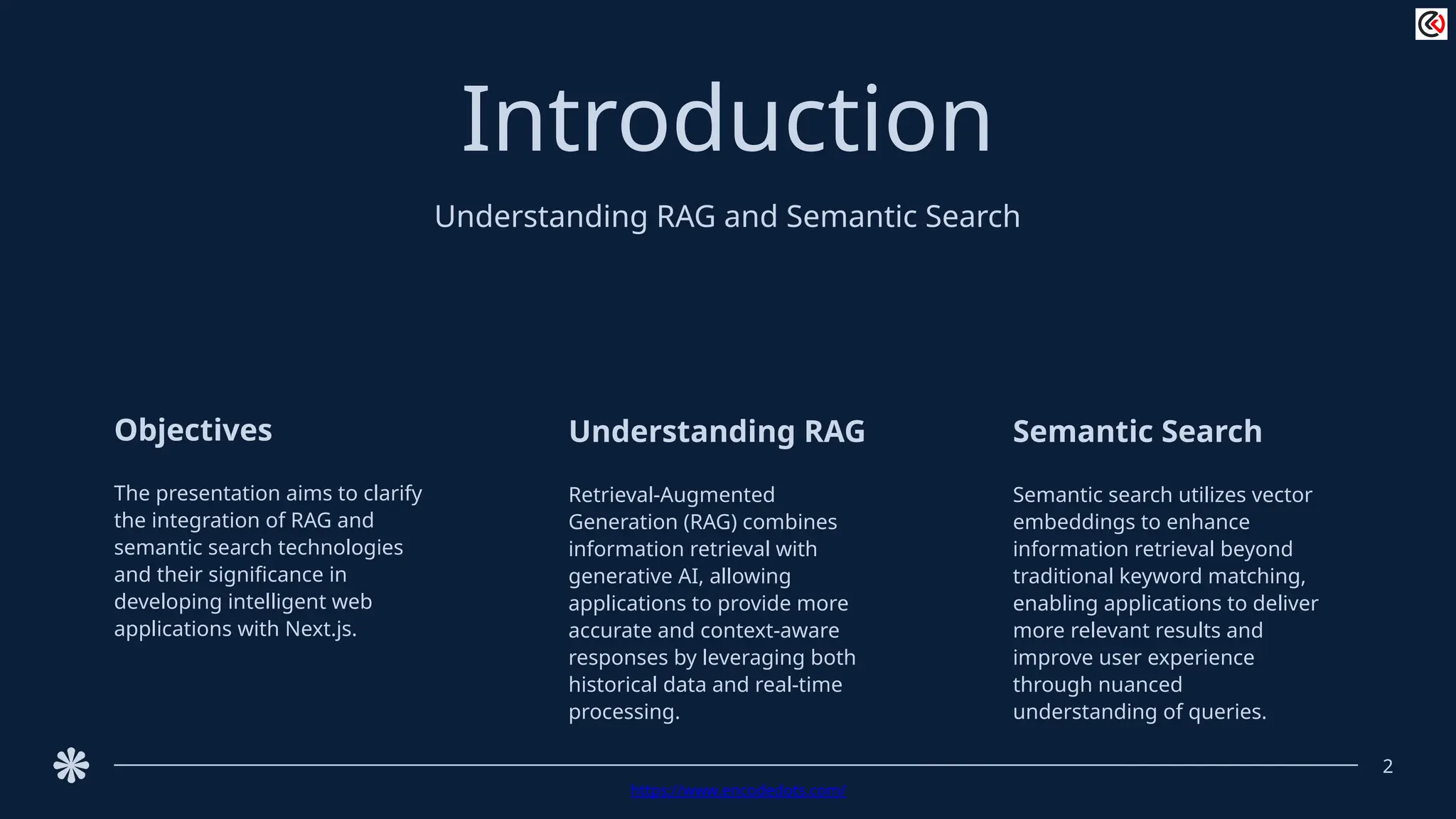 Introduction
Understanding RAG and Semantic Search
The presentation aims to clarify
the integration of RAG and
semantic search technologies
and their significance in
developing intelligent web
applications with Next.js.
Objectives
Retrieval-Augmented
Generation (RAG) combines
information retrieval with
generative AI, allowing
applications to provide more
accurate and context-aware
responses by leveraging both
historical data and real-time
processing.
Understanding RAG
Semantic search utilizes vector
embeddings to enhance
information retrieval beyond
traditional keyword matching,
enabling applications to deliver
more relevant results and
improve user experience
through nuanced
understanding of queries.
Semantic Search
2
https://www.encodedots.com/
 