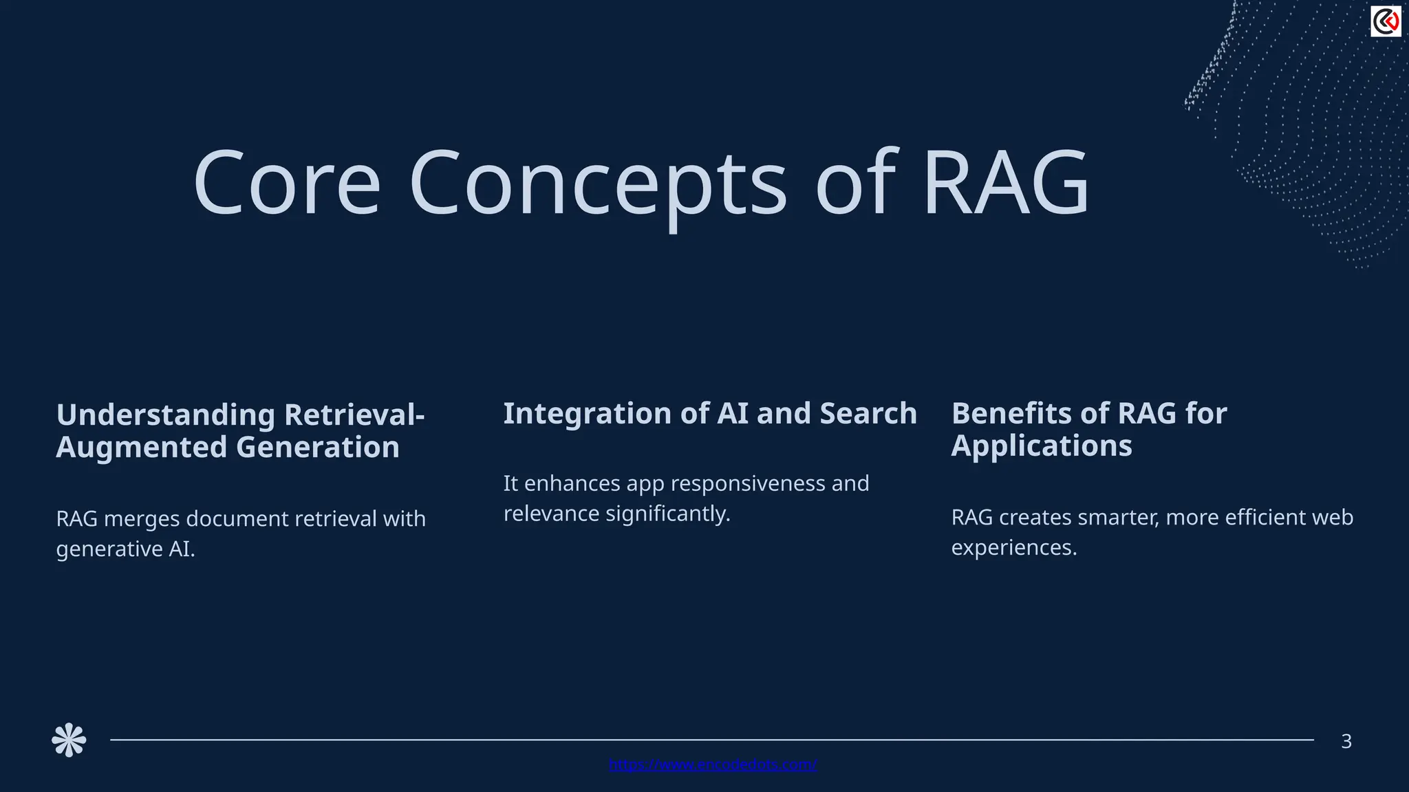 Core Concepts of RAG
Understanding Retrieval-
Augmented Generation
RAG merges document retrieval with
generative AI.
Integration of AI and Search
It enhances app responsiveness and
relevance significantly.
Benefits of RAG for
Applications
RAG creates smarter, more efficient web
experiences.
3
https://www.encodedots.com/
 