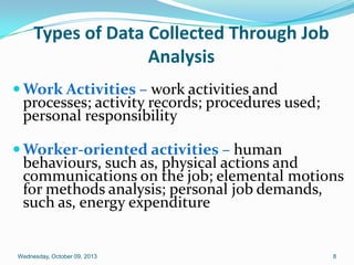 Types of Data Collected Through Job
Analysis
 Work Activities – work activities and
processes; activity records; procedures used;
personal responsibility
 Worker-oriented activities – human
behaviours, such as, physical actions and
communications on the job; elemental motions
for methods analysis; personal job demands,
such as, energy expenditure
Wednesday, October 09, 2013 8
 