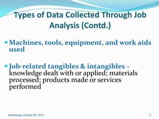 Types of Data Collected Through Job
Analysis (Contd.)
 Machines, tools, equipment, and work aids
used
 Job-related tangibles & intangibles –
knowledge dealt with or applied; materials
processed; products made or services
performed
Wednesday, October 09, 2013 9
 