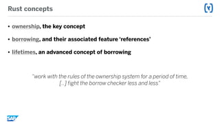 Rust concepts
• ownership, the key concept
• borrowing, and their associated feature ‘references’
• lifetimes, an advanced concept of borrowing
“work with the rules of the ownership system for a period of time,  
[..] fight the borrow checker less and less"
 