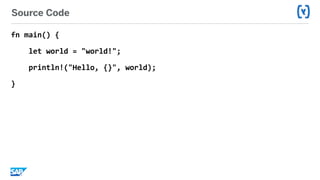 Source Code
fn	main()	{	
				let	world	=	"world!";	
				println!("Hello,	{}",	world);	
}
 