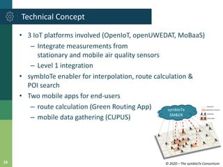 © 2020 – The symbIoTe Consortium16
• 3 IoT platforms involved (OpenIoT, openUWEDAT, MoBaaS)
– Integrate measurements from
...