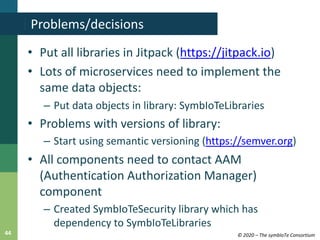 © 2020 – The symbIoTe Consortium44
• Put all libraries in Jitpack (https://jitpack.io)
• Lots of microservices need to imp...