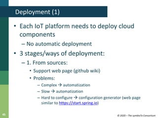 © 2020 – The symbIoTe Consortium45
• Each IoT platform needs to deploy cloud
components
– No automatic deployment
• 3 stag...