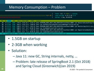 © 2020 – The symbIoTe Consortium49
Memory Consumption – Problem
• 1.5GB on startup
• 2-3GB when working
• Solution:
– Java...