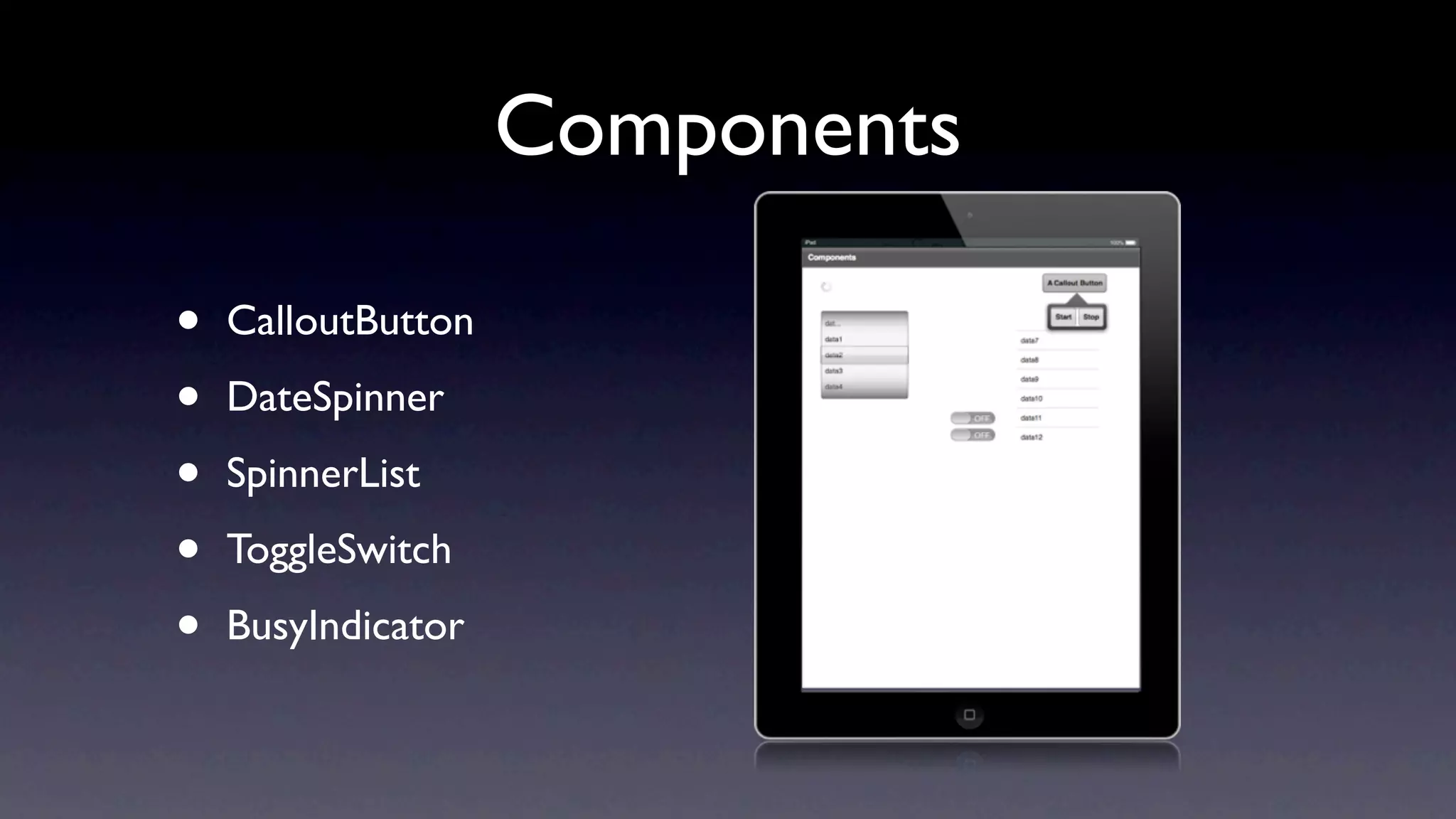 Components

•   CalloutButton

•   DateSpinner

•   SpinnerList

•   ToggleSwitch

•   BusyIndicator
 