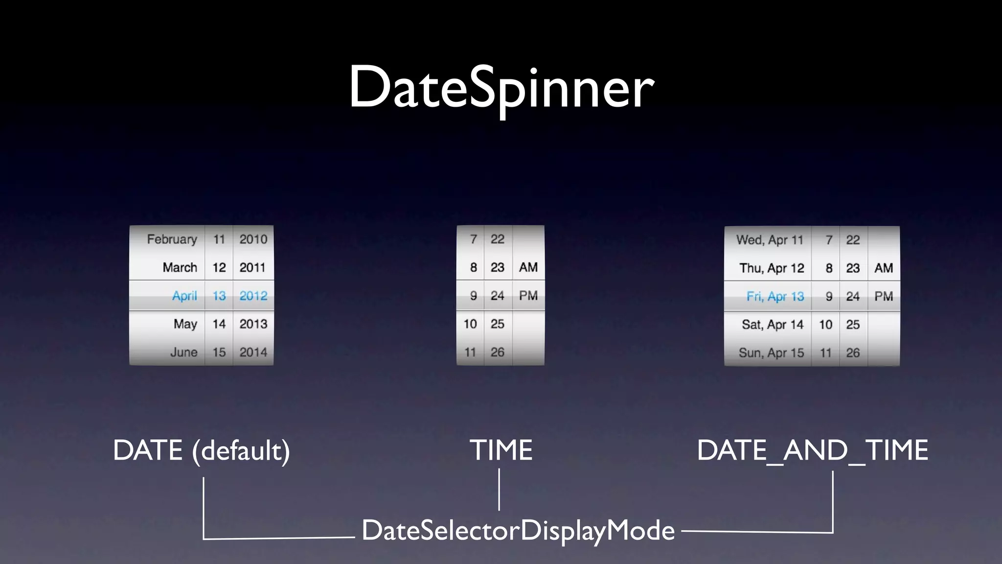 DateSpinner




DATE (default)          TIME               DATE_AND_TIME

                 DateSelectorDisplayMode
 