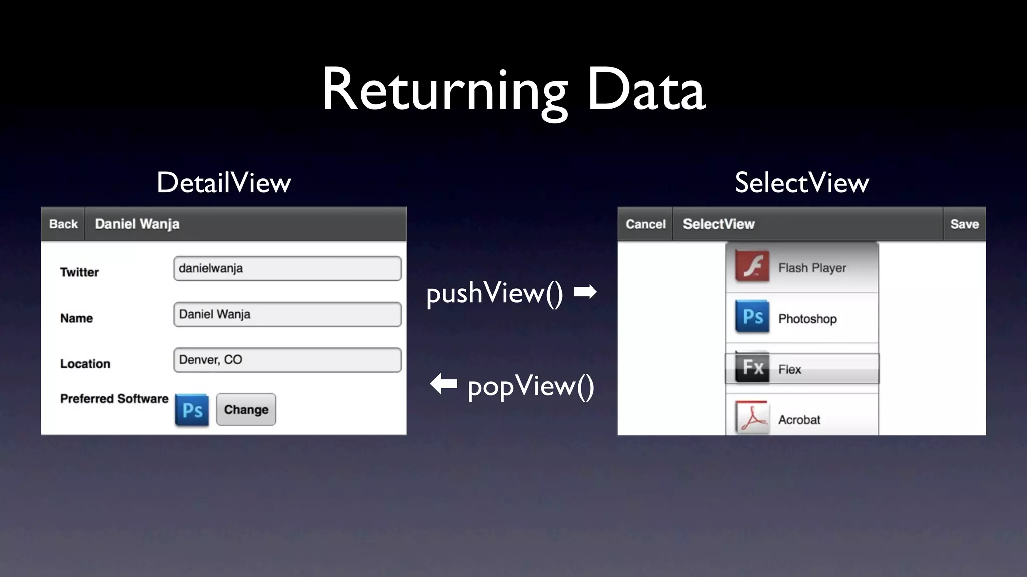 Returning Data
DetailView                     SelectView


                pushView() ➡


                  popView()
 