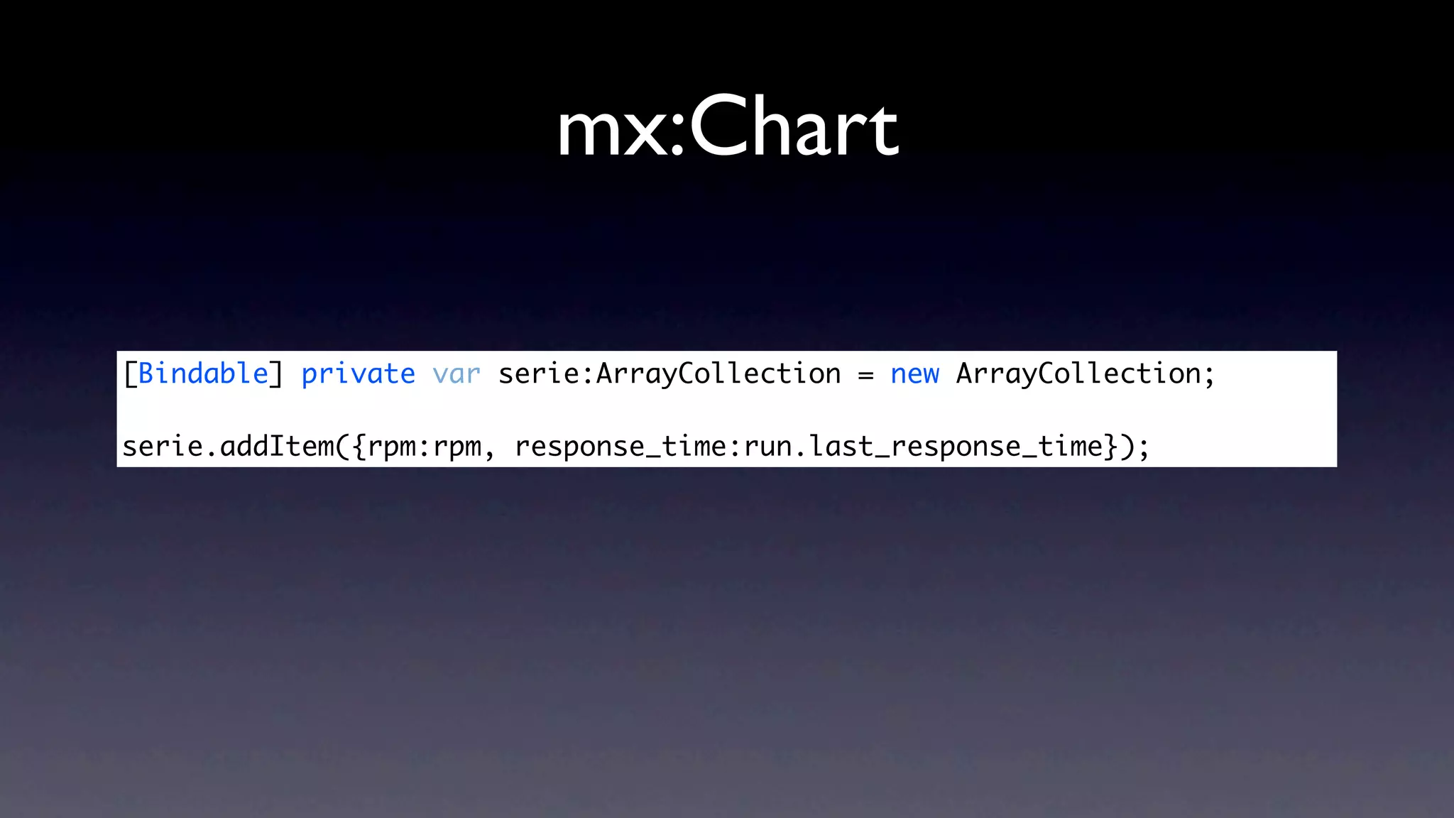 mx:Chart

[Bindable] private var serie:ArrayCollection = new ArrayCollection;

serie.addItem({rpm:rpm, response_time:run.last_response_time});
 