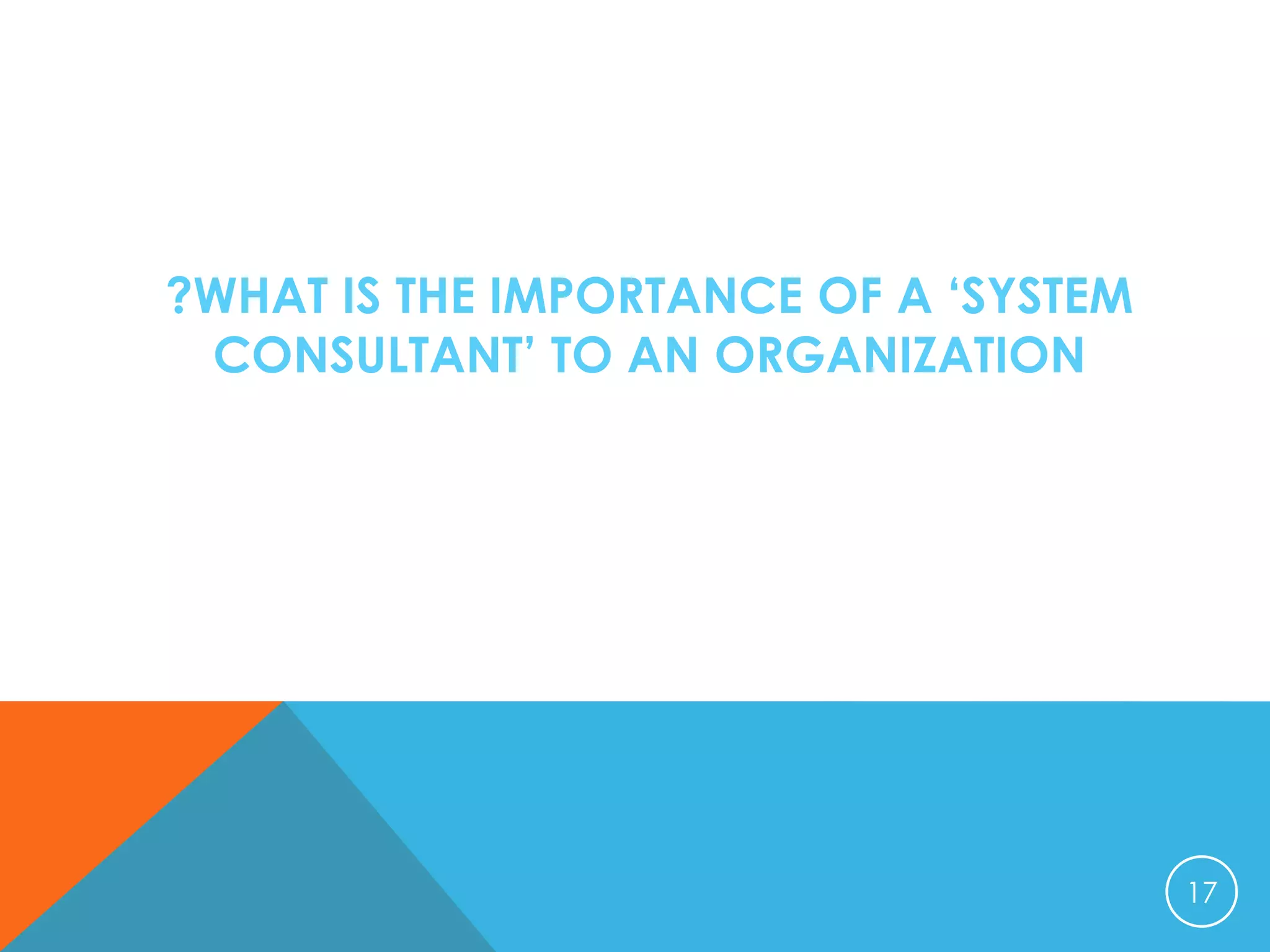 ?WHAT IS THE IMPORTANCE OF A ‘SYSTEM
CONSULTANT’ TO AN ORGANIZATION

17

 