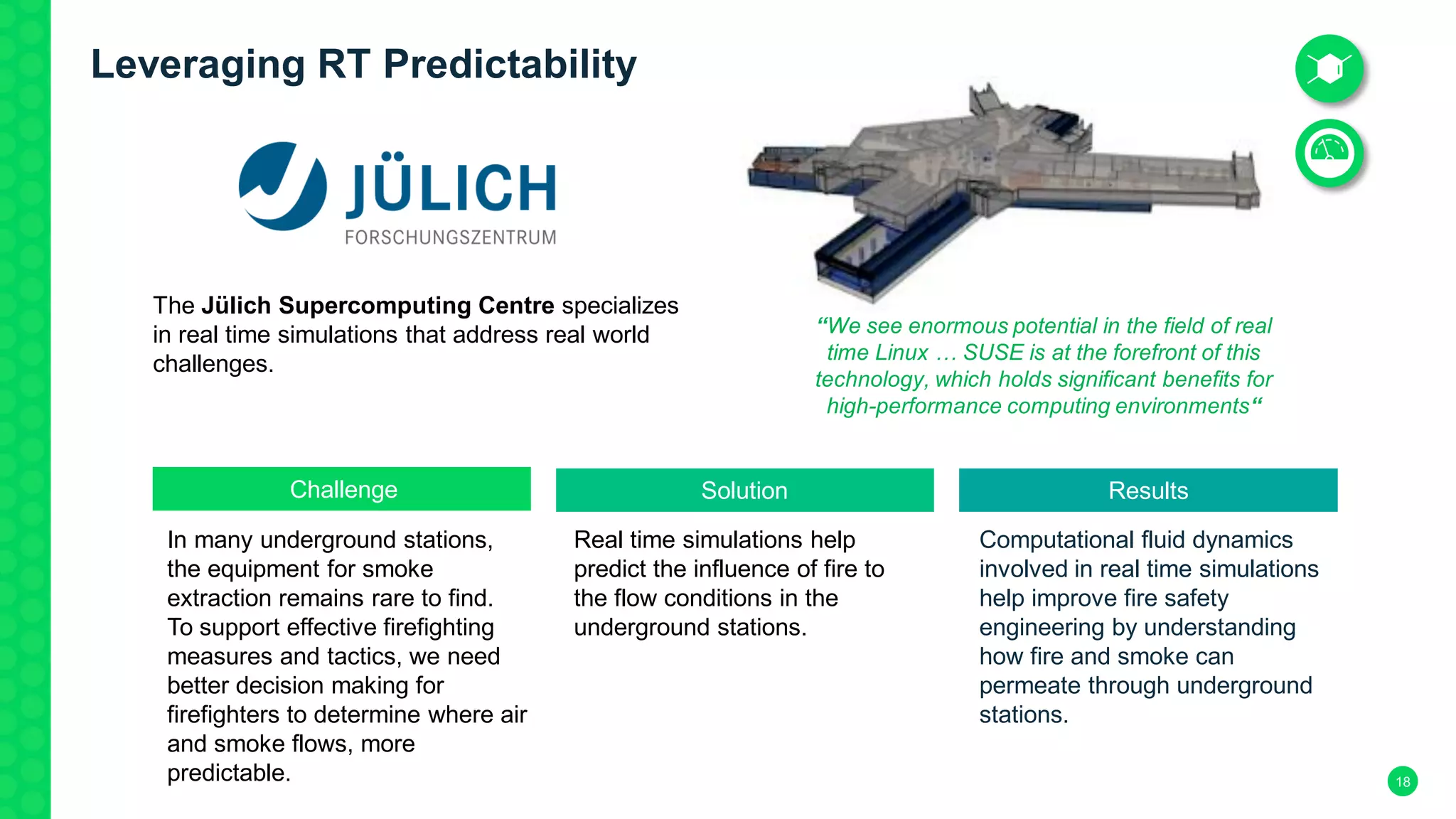 18
NASA JPL
In many underground stations,
the equipment for smoke
extraction remains rare to find.
To support effective firefighting
measures and tactics, we need
better decision making for
firefighters to determine where air
and smoke flows, more
predictable.
Real time simulations help
predict the influence of fire to
the flow conditions in the
underground stations.
Computational fluid dynamics
involved in real time simulations
help improve fire safety
engineering by understanding
how fire and smoke can
permeate through underground
stations.
Challenge Solution Results
“We see enormous potential in the field of real
time Linux … SUSE is at the forefront of this
technology, which holds significant benefits for
high-performance computing environments“
The Jülich Supercomputing Centre specializes
in real time simulations that address real world
challenges.
Leveraging RT Predictability
 