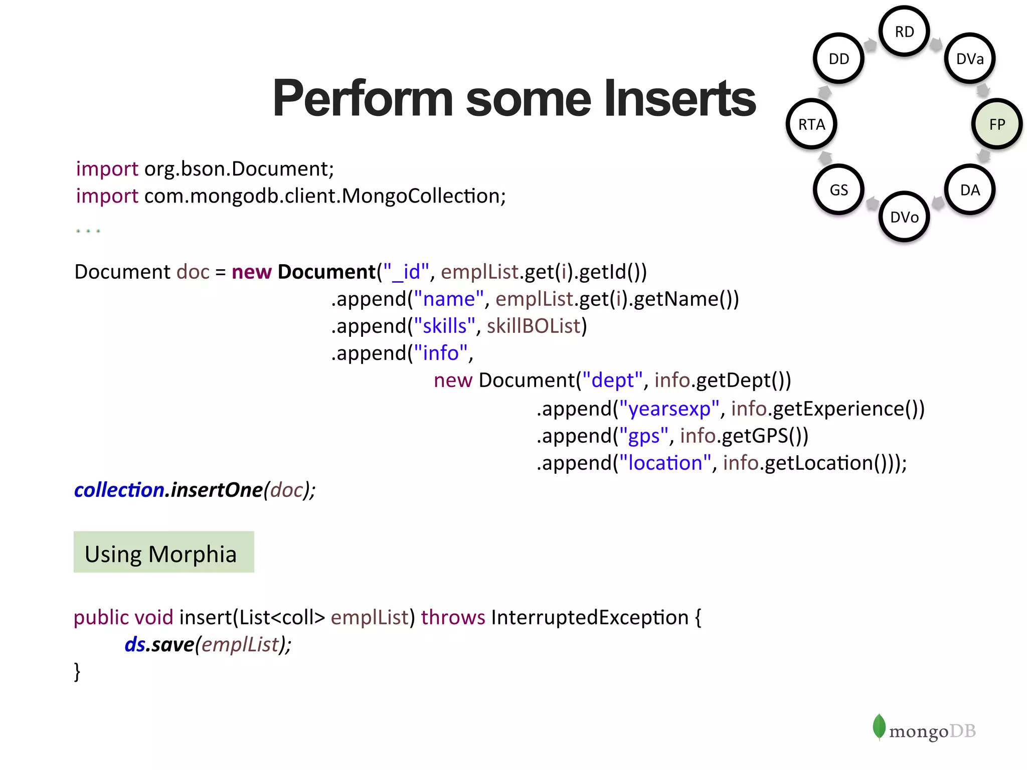 Perform some Inserts Using  Morphia   Document  doc  =  new  Document("_id",  emplList.get(i).getId())            .append("name",  emplList.get(i).getName())            .append("skills",  skillBOList)            .append("info",                new  Document("dept",  info.getDept())                    .append("yearsexp",  info.getExperience())                    .append("gps",  info.getGPS())                    .append("loca1on",  info.getLoca1on()));   collec/on.insertOne(doc);   import  org.bson.Document;   import  com.mongodb.client.MongoCollec1on;    public  void  insert(List<coll>  emplList)  throws  InterruptedExcep1on  {      ds.save(emplList);    }   RD   DVa   FP   DA   DVo   GS   RTA   DD   
