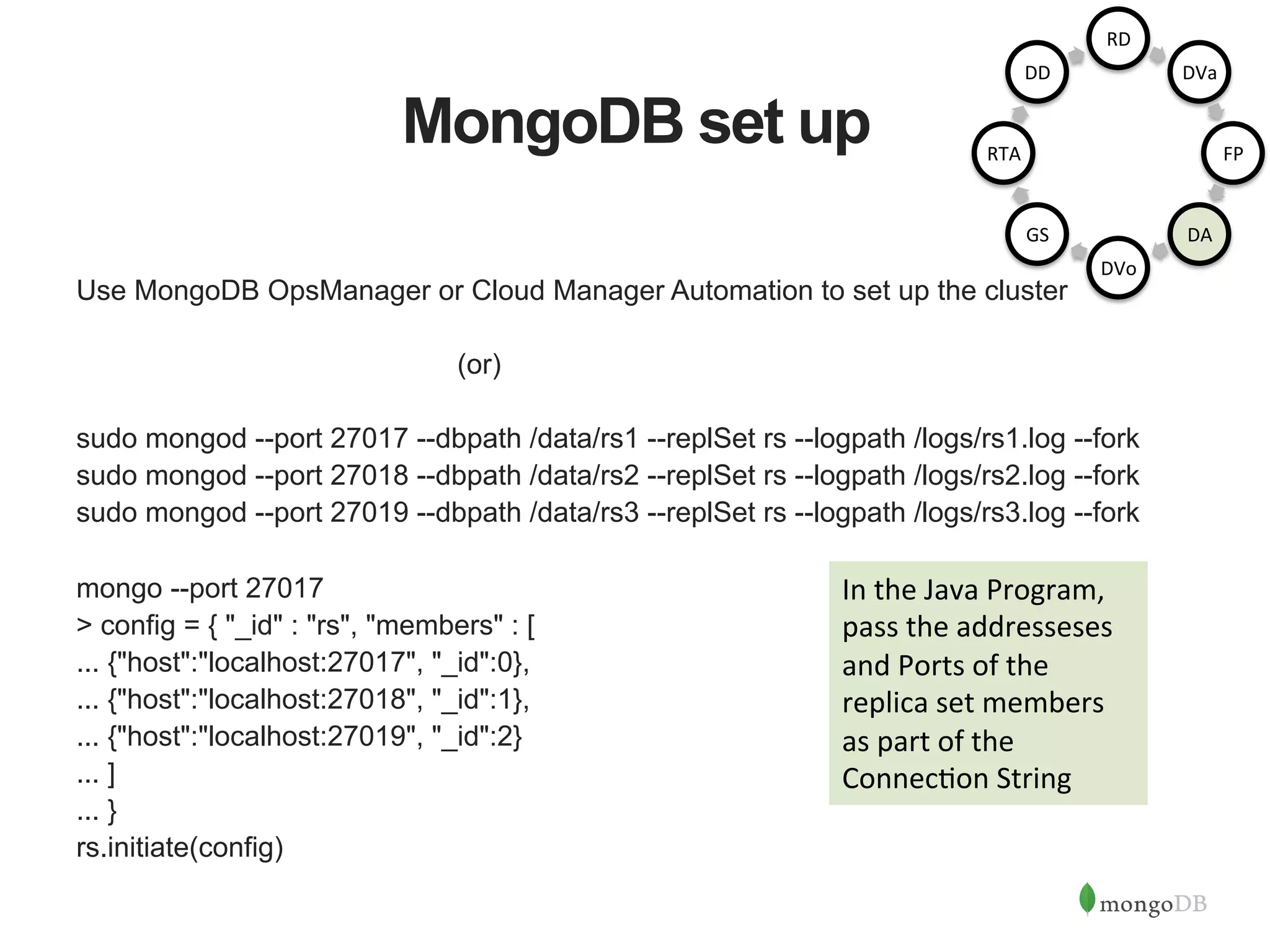 MongoDB set up Use MongoDB OpsManager or Cloud Manager Automation to set up the cluster (or) sudo mongod --port 27017 --dbpath /data/rs1 --replSet rs --logpath /logs/rs1.log --fork sudo mongod --port 27018 --dbpath /data/rs2 --replSet rs --logpath /logs/rs2.log --fork sudo mongod --port 27019 --dbpath /data/rs3 --replSet rs --logpath /logs/rs3.log --fork mongo --port 27017 > config = { "_id" : "rs", "members" : [ ... {"host":"localhost:27017", "_id":0}, ... {"host":"localhost:27018", "_id":1}, ... {"host":"localhost:27019", "_id":2} ... ] ... } rs.initiate(config) In  the  Java  Program,   pass  the  addresseses   and  Ports  of  the   replica  set  members   as  part  of  the   Connec1on  String   RD   DVa   FP   DA   DVo   GS   RTA   DD   