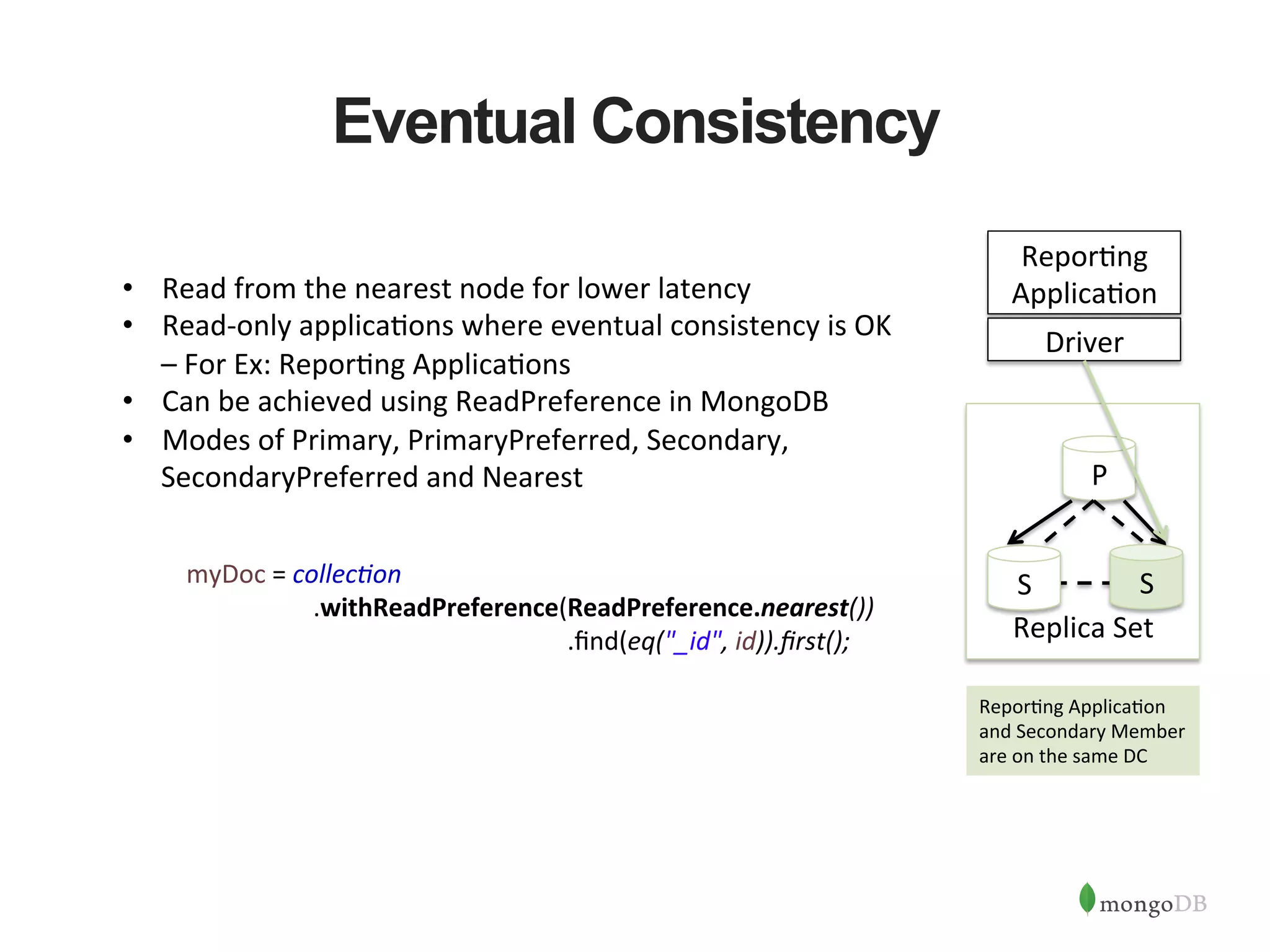 Eventual Consistency Repor1ng   Applica1on   Driver             Replica  Set   P   S   S   •  Read  from  the  nearest  node  for  lower  latency   •  Read-­‐only  applica1ons  where  eventual  consistency  is  OK   –  For  Ex:  Repor1ng  Applica1ons   •  Can  be  achieved  using  ReadPreference  in  MongoDB   •  Modes  of  Primary,  PrimaryPreferred,  Secondary,   SecondaryPreferred  and  Nearest   Repor1ng  Applica1on   and  Secondary  Member   are  on  the  same  DC   myDoc  =  collec6on      .withReadPreference(ReadPreference.nearest())              .ﬁnd(eq("_id",  id)).ﬁrst();   