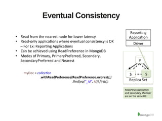 Eventual Consistency
Repor1ng	
  
Applica1on	
  
Driver	
  
	
  
	
  
	
  
	
  
	
  
Replica	
  Set	
  
P	
  
S	
   S	
  
•  Read	
  from	
  the	
  nearest	
  node	
  for	
  lower	
  latency	
  
•  Read-­‐only	
  applica1ons	
  where	
  eventual	
  consistency	
  is	
  OK	
  
–	
  For	
  Ex:	
  Repor1ng	
  Applica1ons	
  
•  Can	
  be	
  achieved	
  using	
  ReadPreference	
  in	
  MongoDB	
  
•  Modes	
  of	
  Primary,	
  PrimaryPreferred,	
  Secondary,	
  
SecondaryPreferred	
  and	
  Nearest	
  
Repor1ng	
  Applica1on	
  
and	
  Secondary	
  Member	
  
are	
  on	
  the	
  same	
  DC	
  
myDoc	
  =	
  collec6on	
  
	
   	
  .withReadPreference(ReadPreference.nearest())	
  
	
   	
   	
   	
   	
   	
  .ﬁnd(eq("_id",	
  id)).ﬁrst();	
  
 