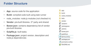 Folder Structure
• App: source code for the application
• Build: compiled code built using task runner
• node_modules: node.js modules (not checked in)
• Vendor: pre-built libraries. 3rd party and shared
• Bower.json: contains dependency list of vendor
pre-built libraries
• Gulpfile.js: built tasks
• Package.json: project version, description and
node.js dependencies
 
