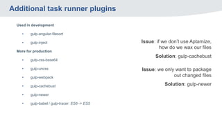 Additional task runner plugins
Used in development
• gulp-angular-filesort
• gulp-inject
More for production
• gulp-css-base64
• gulp-uncss
• gulp-webpack
• gulp-cachebust
• gulp-newer
• gulp-babel / gulp-tracer: ES6 -> ES5
Issue: if we don’t use Aptamize,
how do we wax our files
Solution: gulp-cachebust
Issue: we only want to package
out changed files
Solution: gulp-newer
 