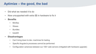 Aptimize – the good, the bad
• Did what we needed it to do
• Now unsupported with extra $$ in hardware to fix it
• Benefit...