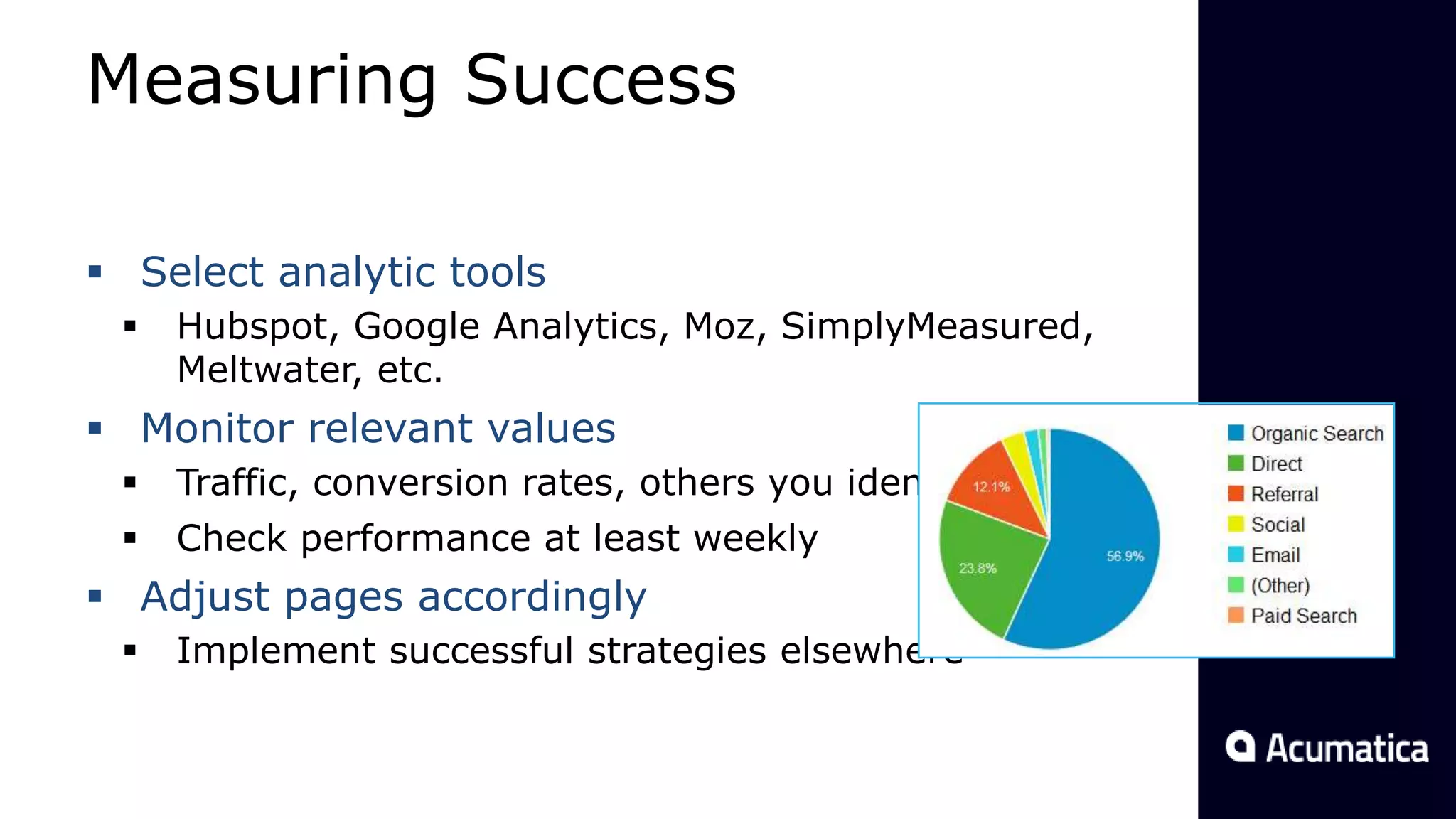 Measuring Success
 Select analytic tools
 Hubspot, Google Analytics, Moz, SimplyMeasured,
Meltwater, etc.
 Monitor relevant values
 Traffic, conversion rates, others you identify
 Check performance at least weekly
 Adjust pages accordingly
 Implement successful strategies elsewhere
 