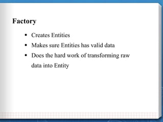 Factory
 Creates Entities
 Makes sure Entities has valid data
 Does the hard work of transforming raw
data into Entity
 