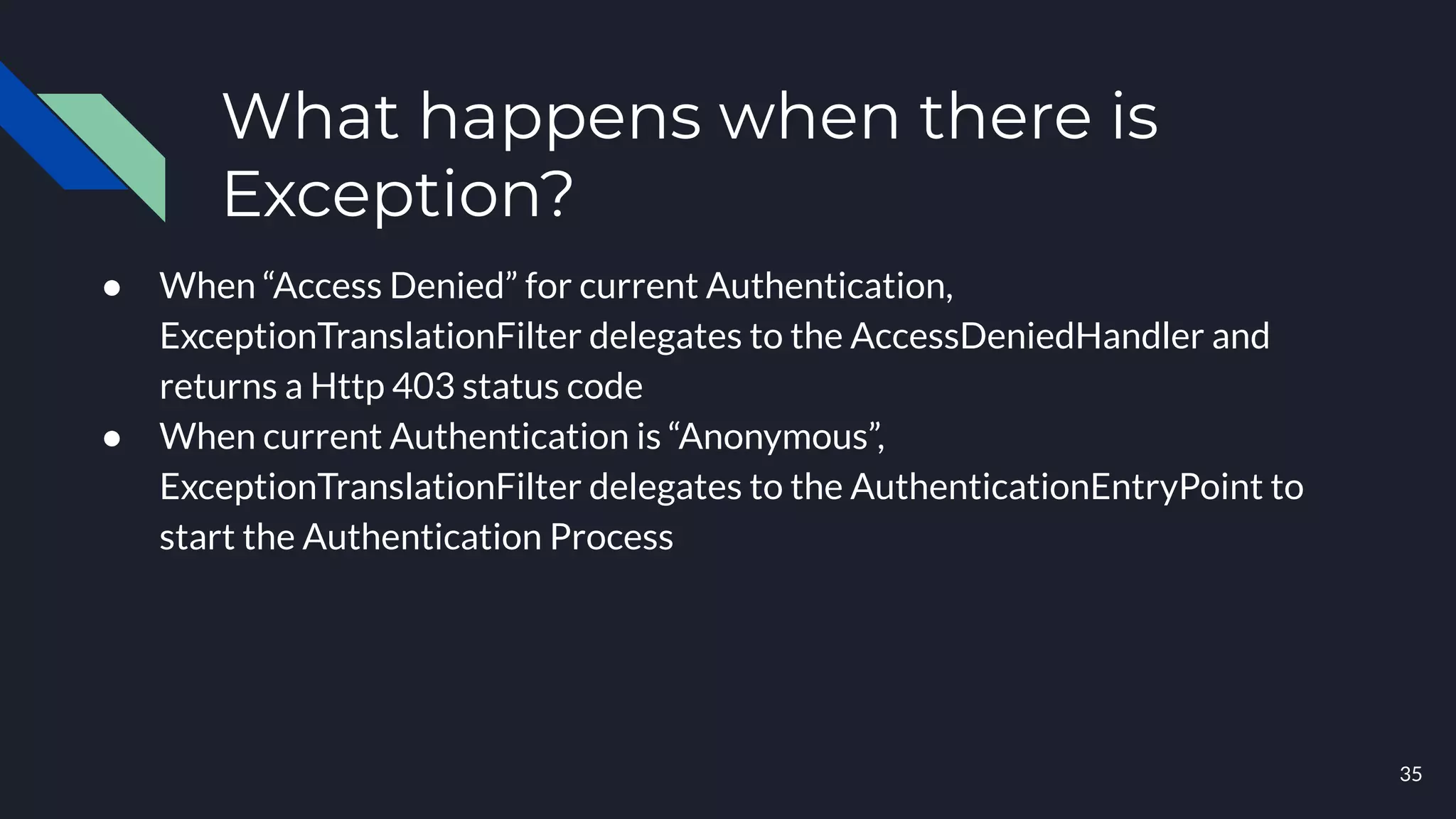 What happens when there is
Exception?
● When “Access Denied” for current Authentication,
ExceptionTranslationFilter delegates to the AccessDeniedHandler and
returns a Http 403 status code
● When current Authentication is “Anonymous”,
ExceptionTranslationFilter delegates to the AuthenticationEntryPoint to
start the Authentication Process
35
 